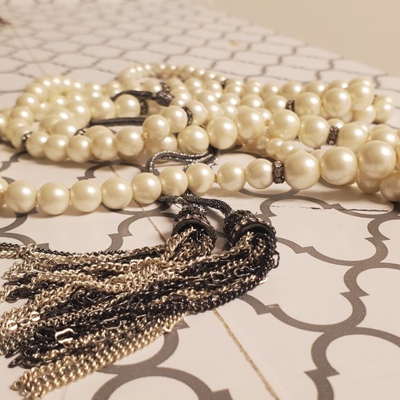 Stella and Dot Mara Pearl Necklace Pavé Rondials and Metallic Cord Tassels - Picture 1 of 4